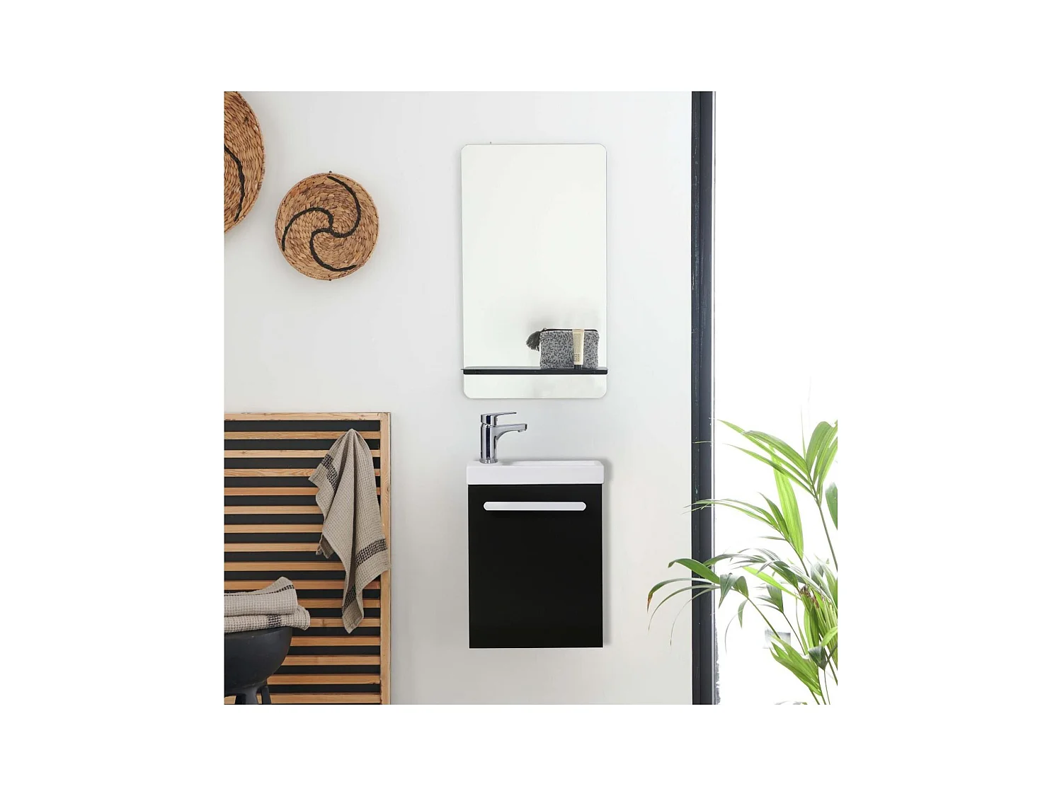 Ensemble lave-mains suspendu avec poignée métal et miroir tablette