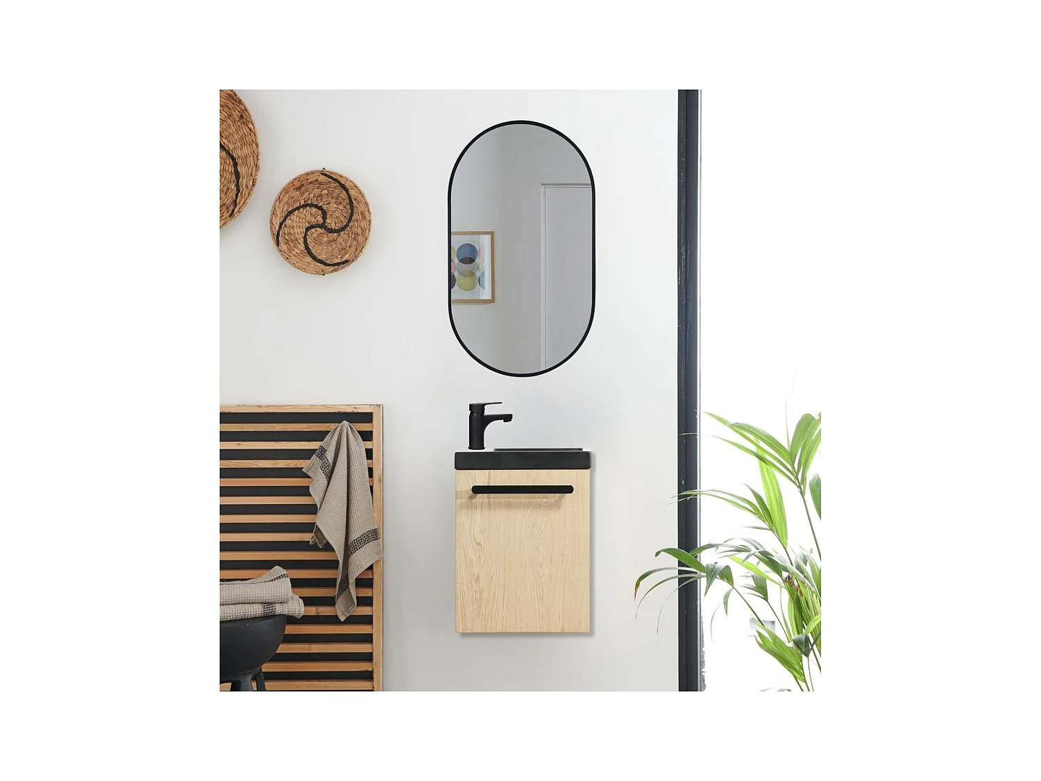 Ensemble lave-mains suspendu avec poignée métal, robinet noir et miroir ovale noir