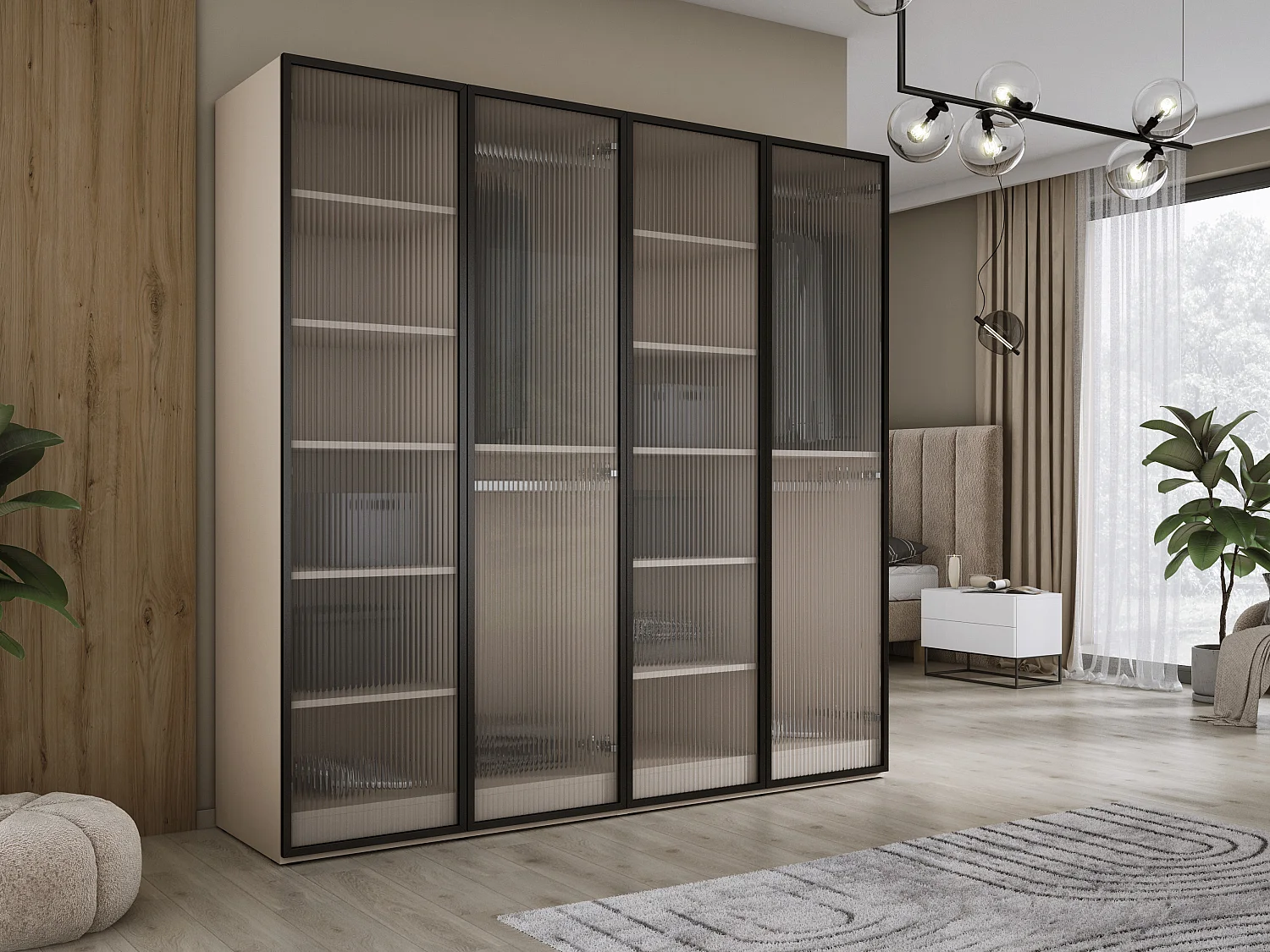 Kledingkast: Zandbeige / Gegroefd glas, 200 x 200 x 51 cm