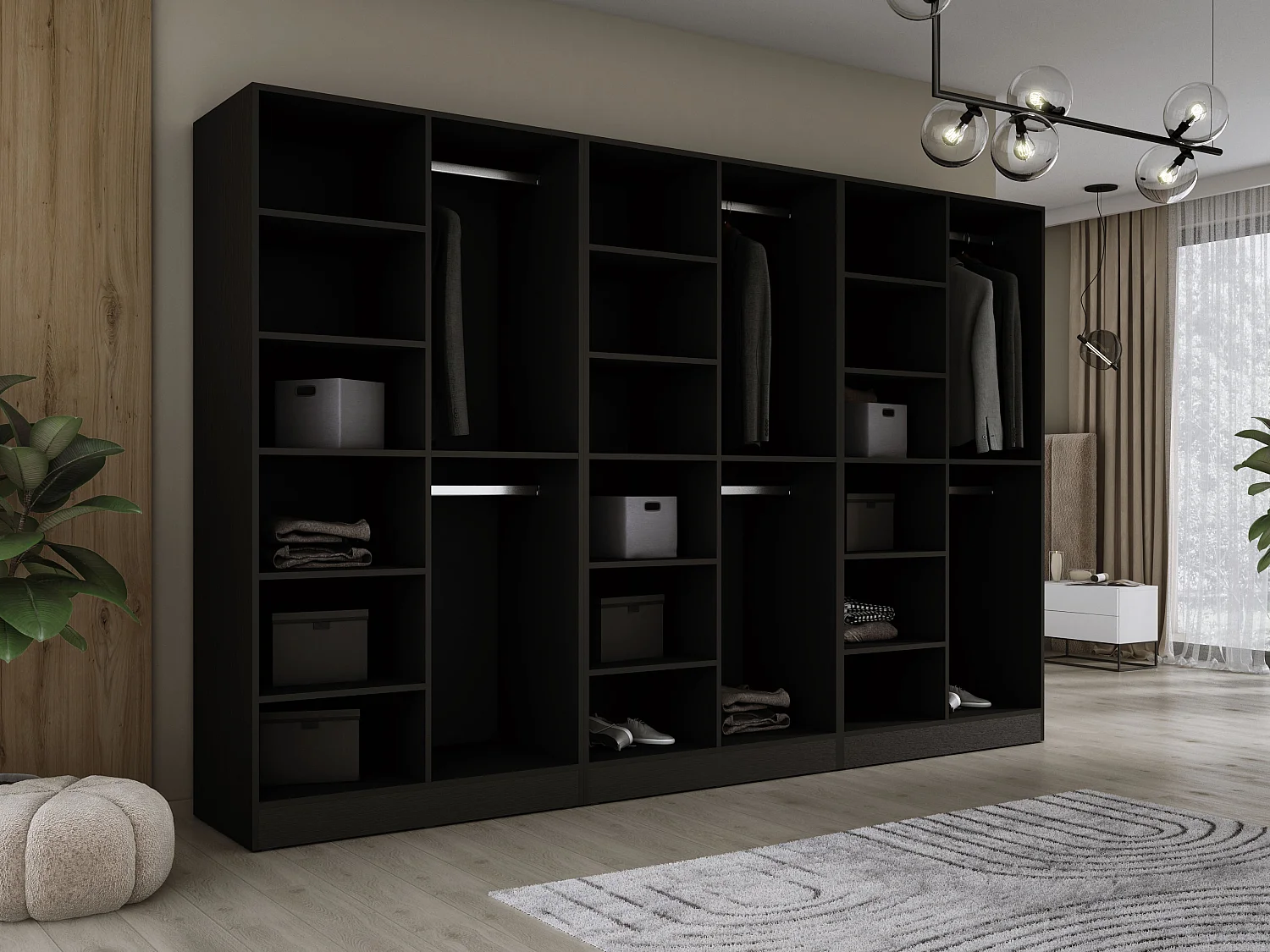 Guarda-roupa: Preto Grafite / Vidro Canelado, 300 x 200 x 51 cm