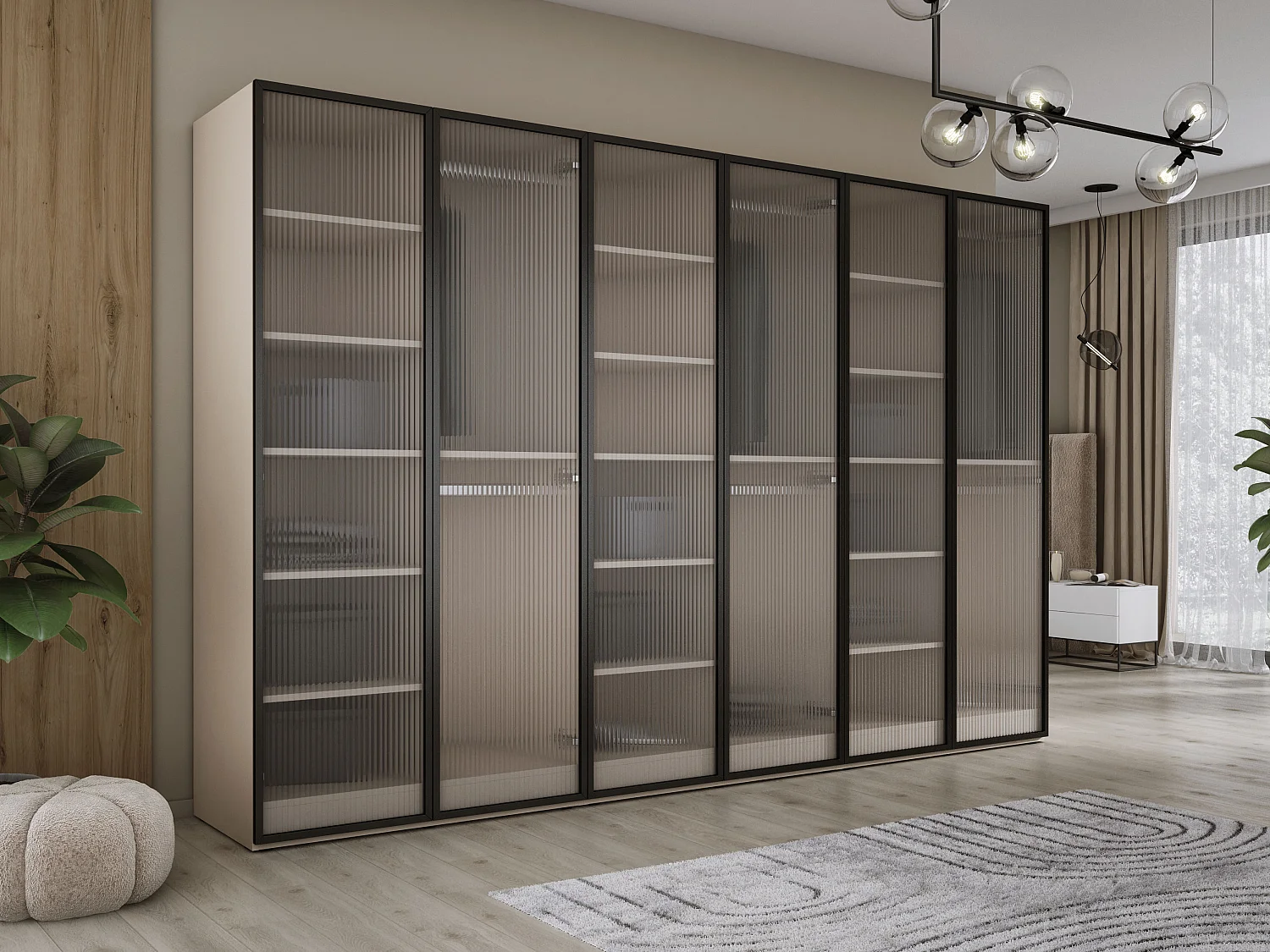 Kleiderschrank: Sandbeige / Geriffeltes Glas, 300 x 200 x 51 cm