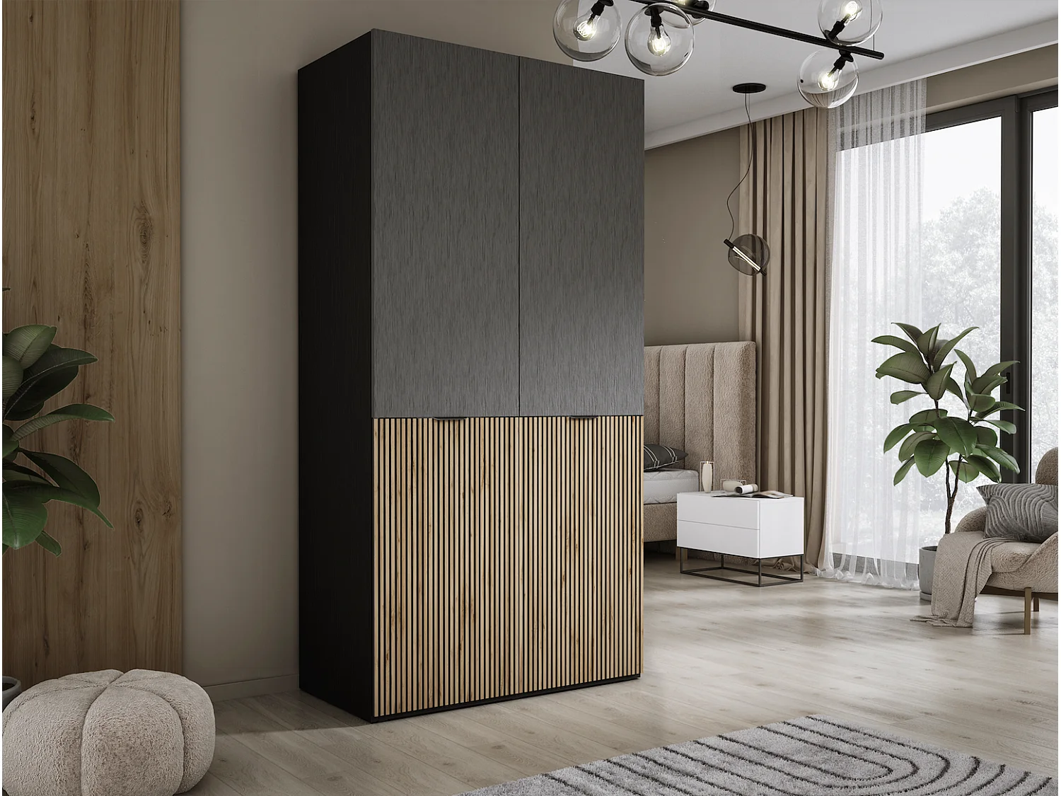 Kleiderschrank: Graphitschwarz / Wotan-Eiche, 100 x 200 x 51 cm
