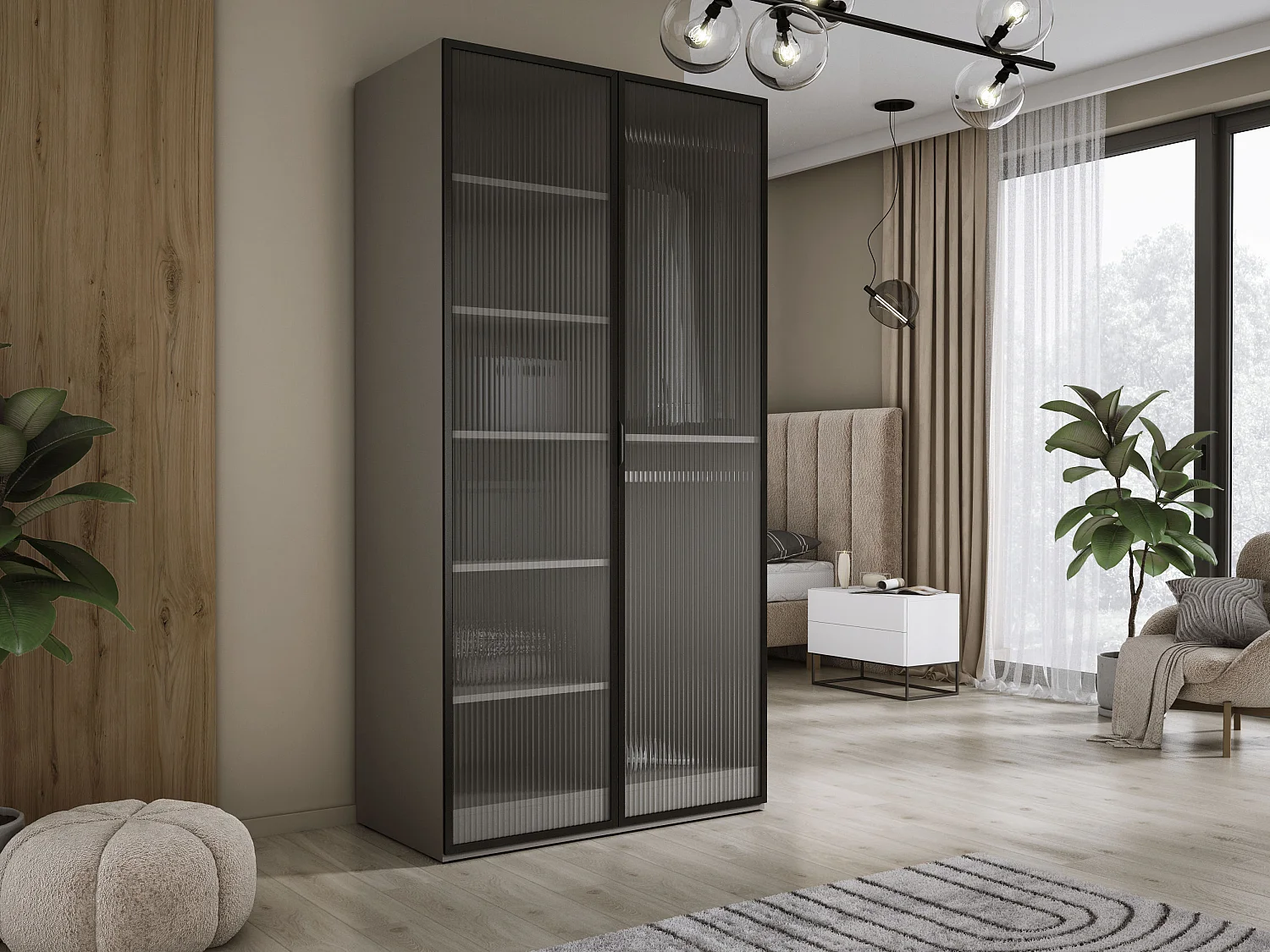 Kleiderschrank: Platingrau / Geriffeltes Glas, 100 x 200 x 51 cm