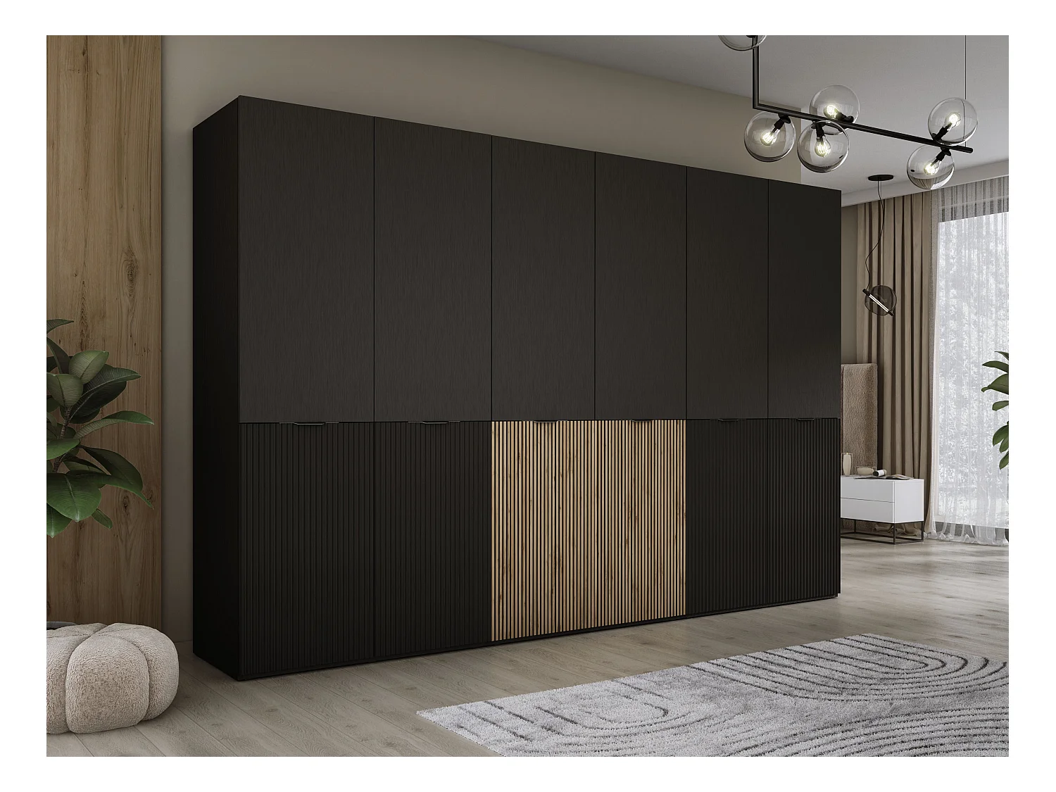 Kleiderschrank, Graphitschwarz / Wotan-Eiche, 3 x 100 x 200 x 51 cm