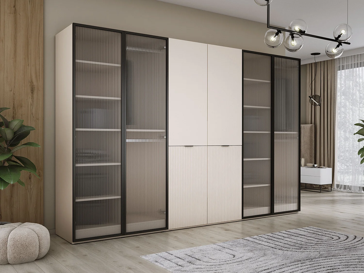 Schrank: Geriffeltes Glas / Sandbeige, 300 x 200 x 51 cm
