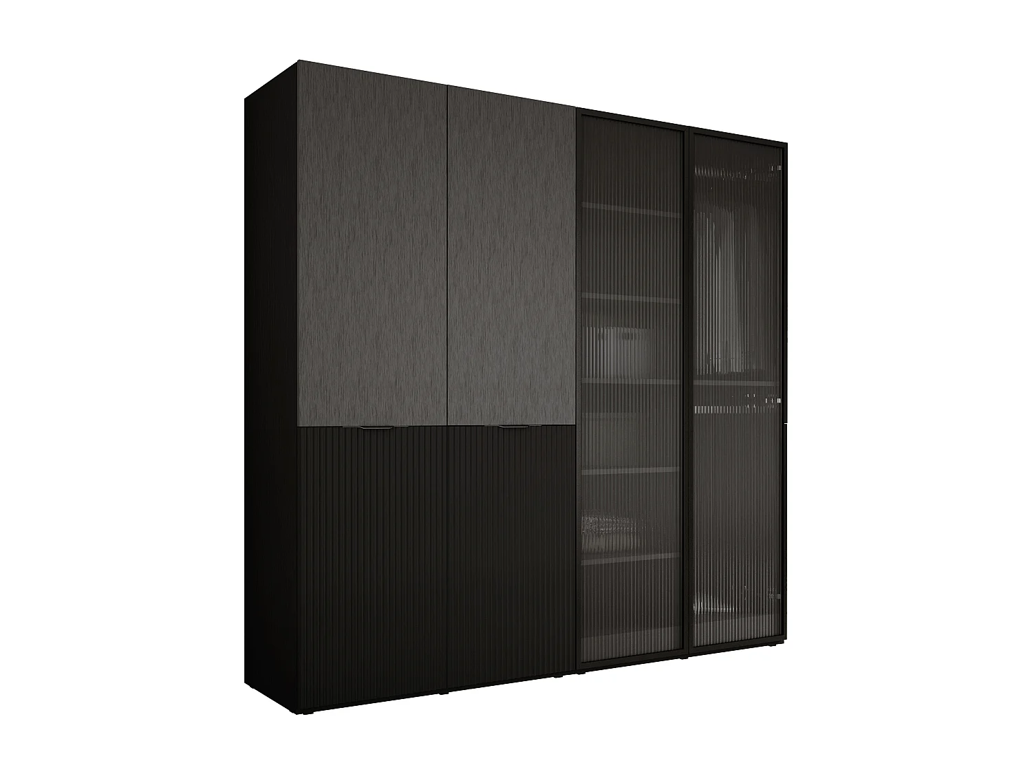 Schrank: Graphitschwarz / Geriffeltes Glas, 200 x 200 x 51 cm
