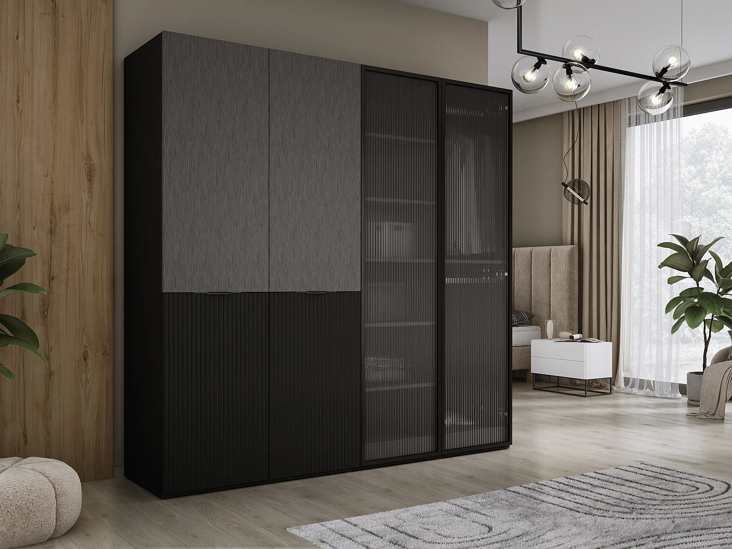 Schrank: Graphitschwarz / Geriffeltes Glas, 200 x 200 x 51 cm
