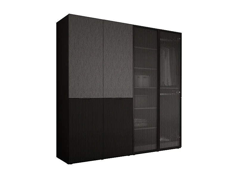 Schrank: Graphitschwarz / Geriffeltes Glas, 200 x 200 x 51 cm
