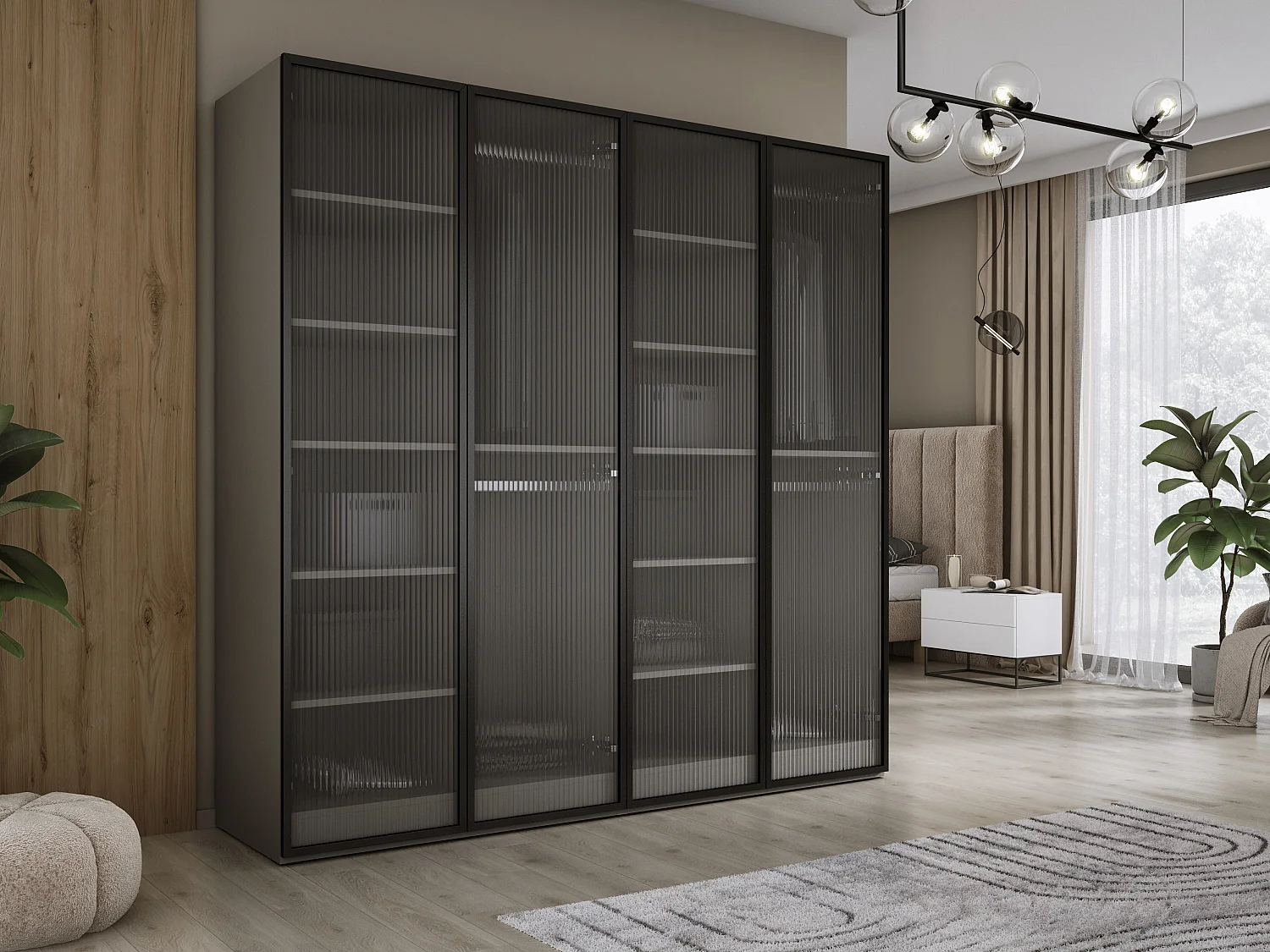 Kleiderschrank: Platingrau / Geriffeltes Glas, 200 x 200 x 51 cm