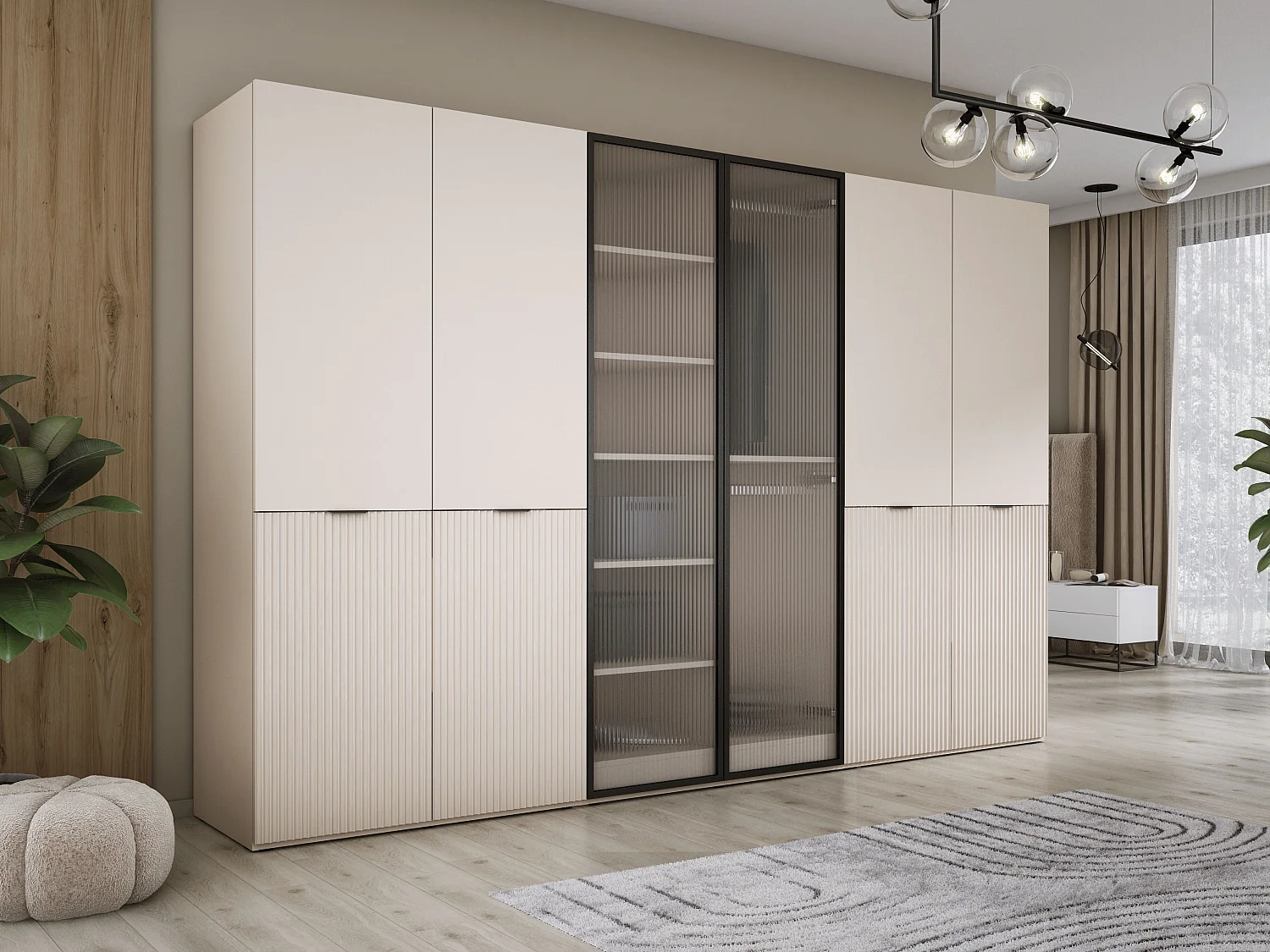 Kleiderschrank: Sandbeige / Geriffeltes Glas, 300 x 200 x 51 cm