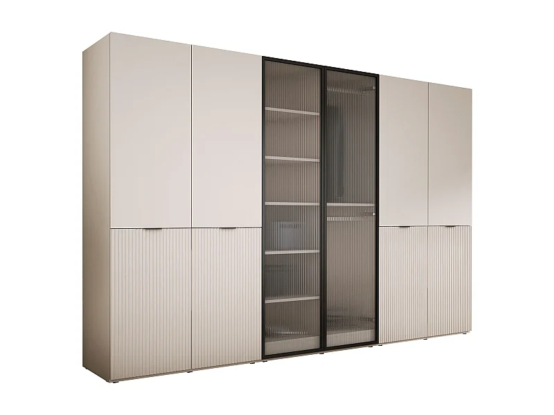 Kleiderschrank: Sandbeige / Geriffeltes Glas, 300 x 200 x 51 cm