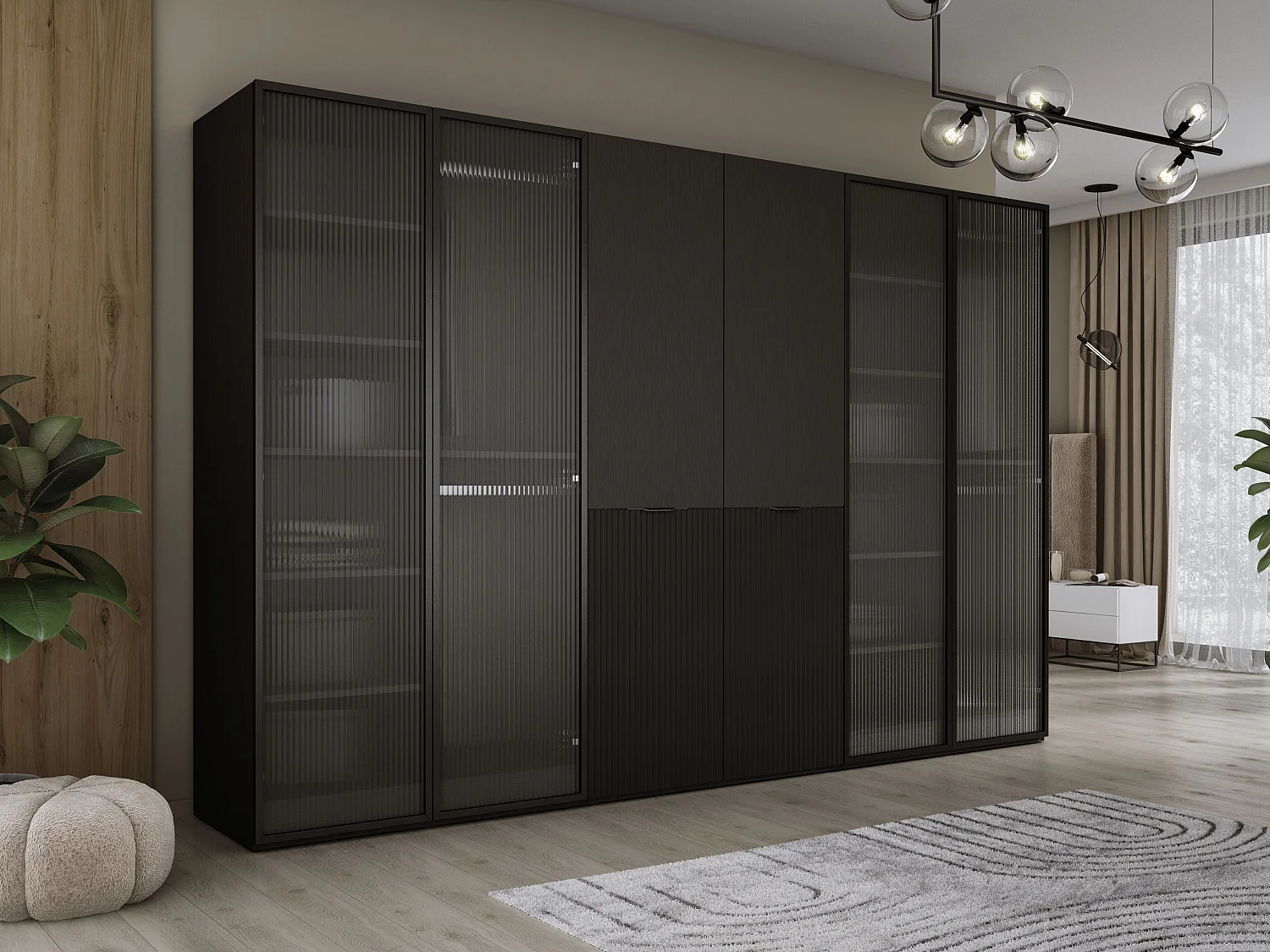 Schrank: Geriffeltes Glas / Graphitschwarz, 300 x 200 x 51 cm