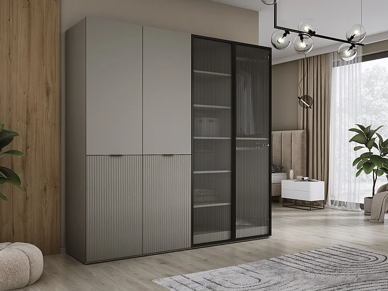 Kleiderschrank, Platingrau / Sandbeige / klares Glas, 2 x 100 x 200 x 51 cm