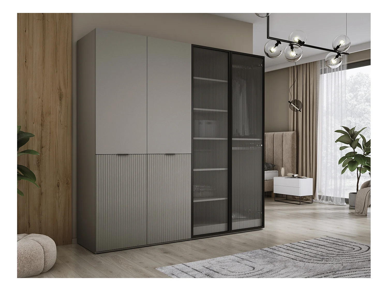 Kleiderschrank, Platingrau / Sandbeige / klares Glas, 2 x 100 x 200 x 51 cm