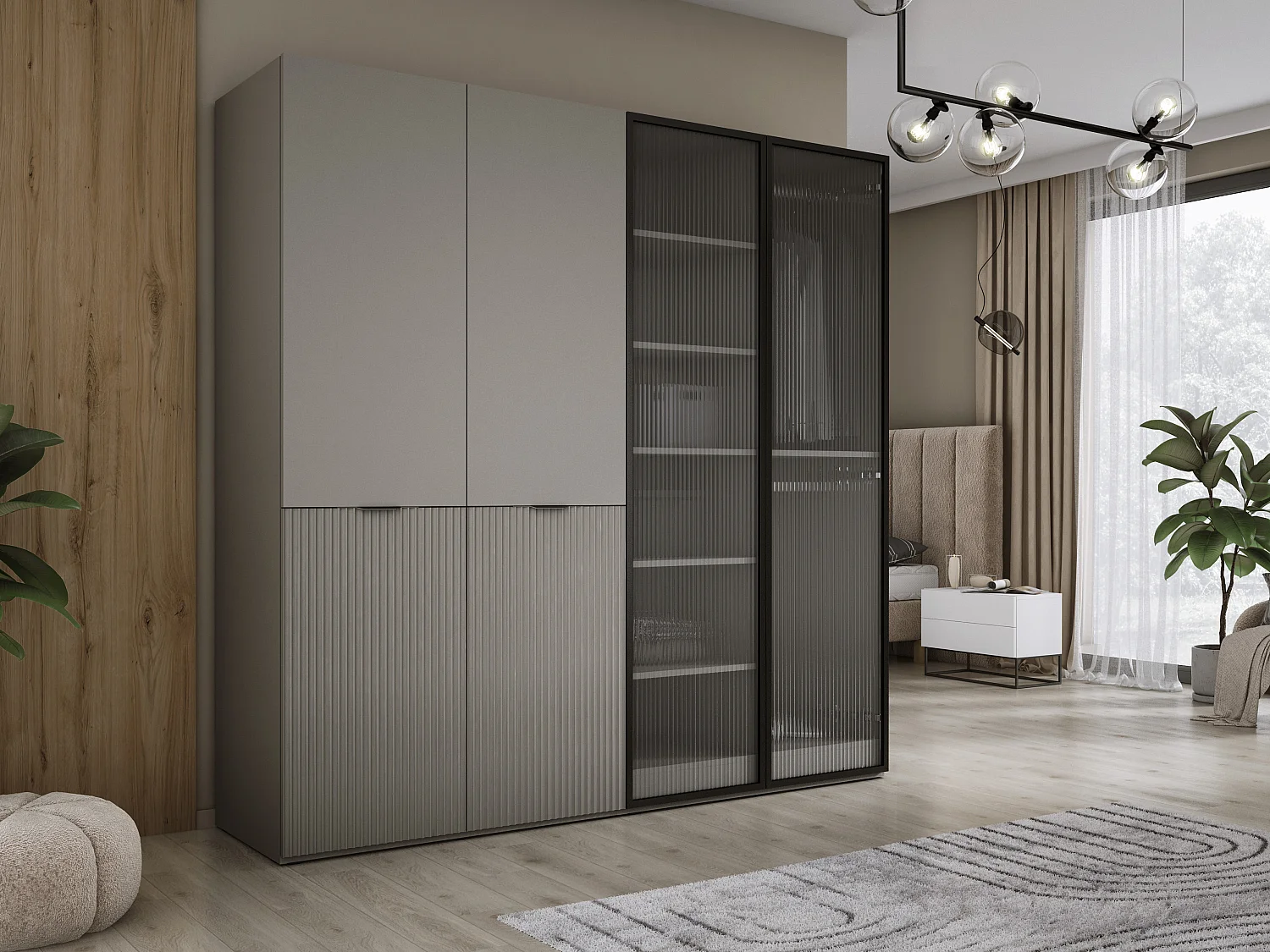 Kleiderschrank: Platingrau / Geriffeltes Glas, 200 x 200 x 51 cm