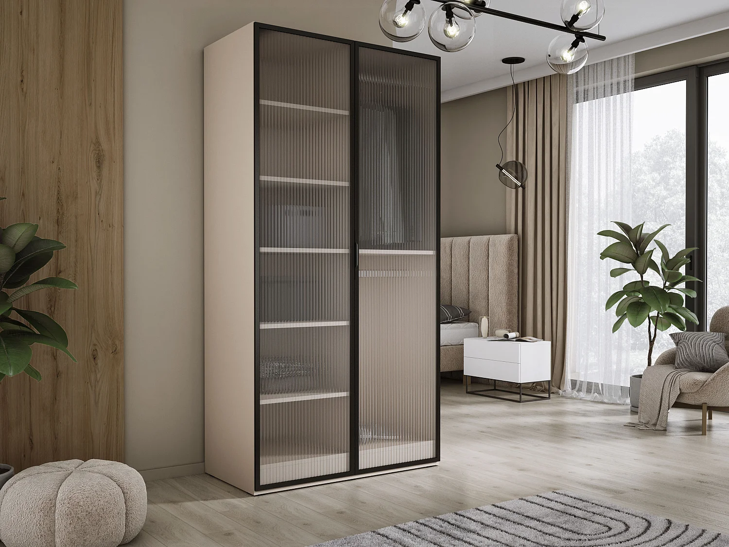 Kleiderschrank: Sandbeige / Geriffeltes Glas, 100 x 200 x 51 cm