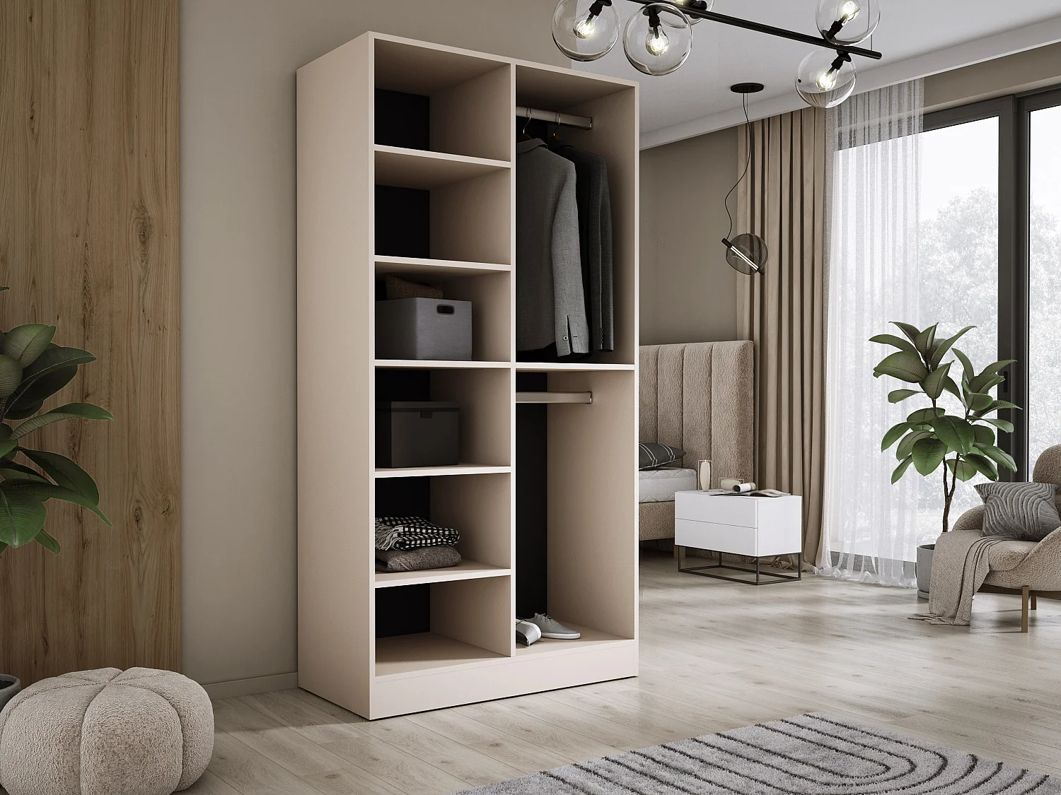 Kleiderschrank: Sandbeige / Geriffeltes Glas, 100 x 200 x 51 cm