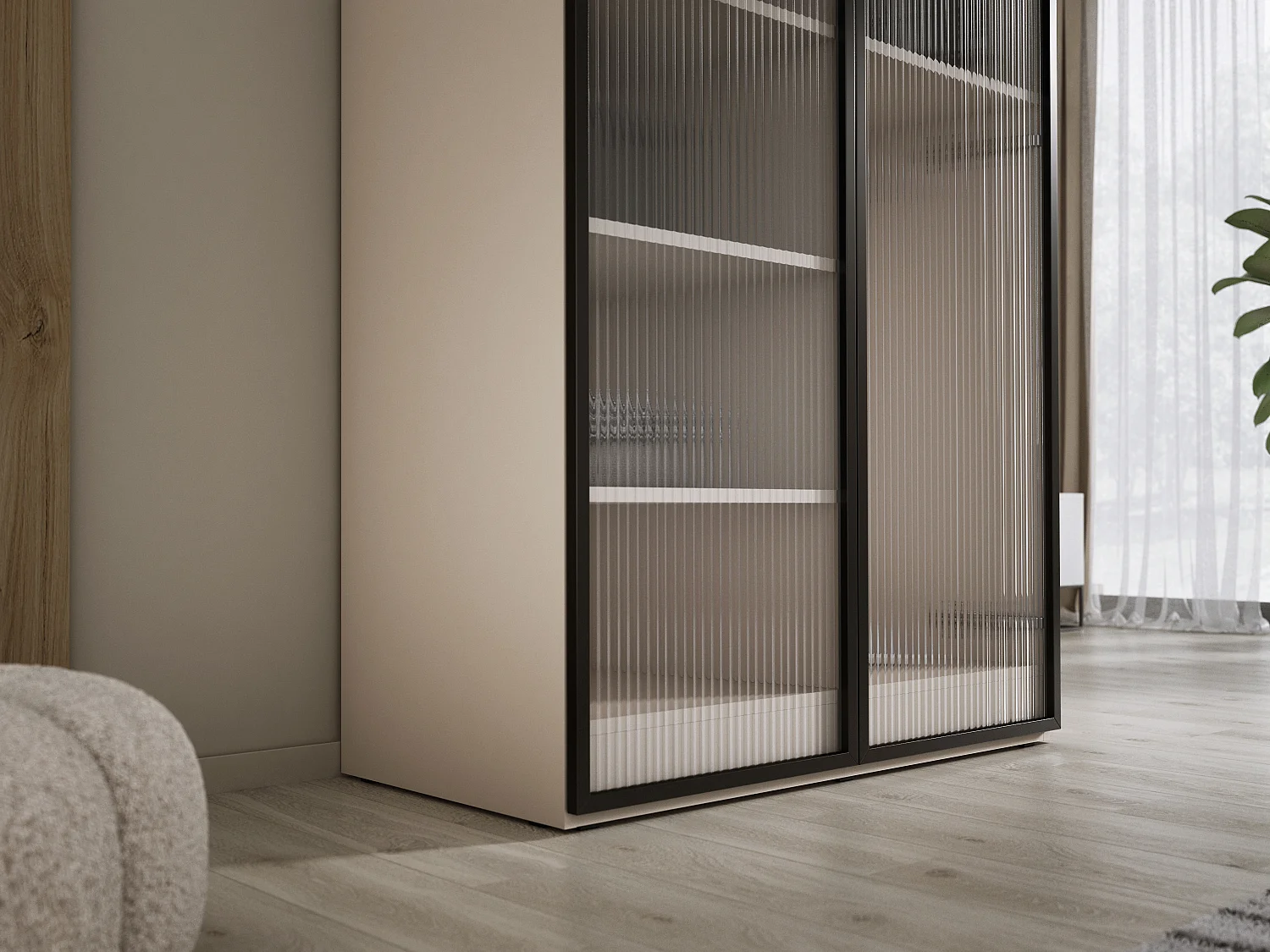 Kleiderschrank: Sandbeige / Geriffeltes Glas, 100 x 200 x 51 cm