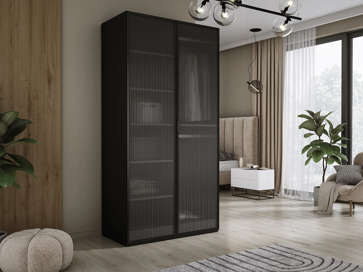 Schrank: Graphitschwarz / Geriffeltes Glas, 100 x 200 x 51 cm