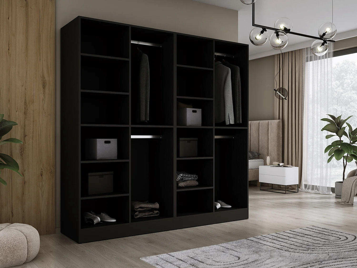 Kledingkast: Grafietzwart / Wotan Eiken, 200 x 200 x 51 cm