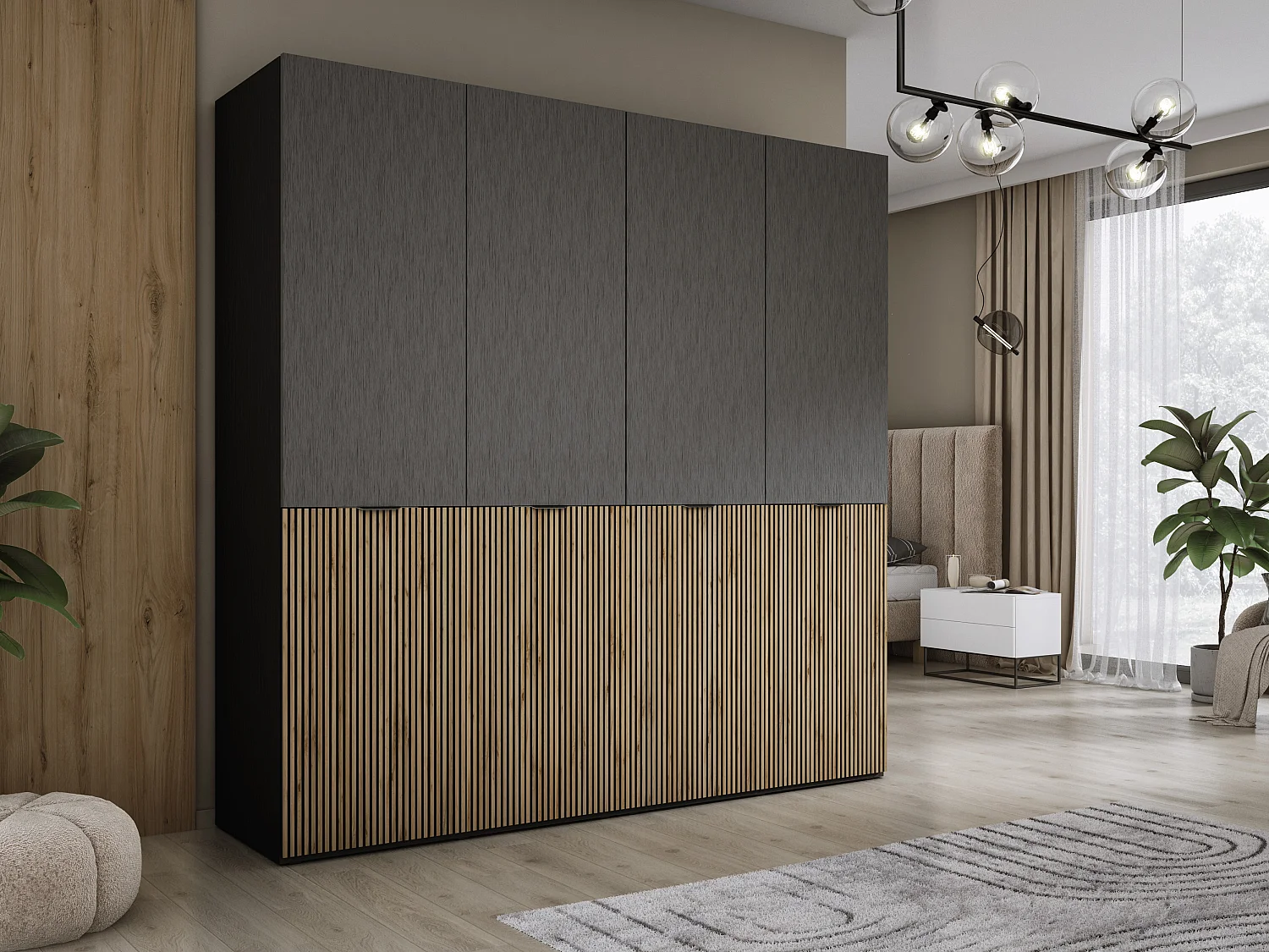 Kleiderschrank: Graphitschwarz / Wotan-Eiche, 200 x 200 x 51 cm