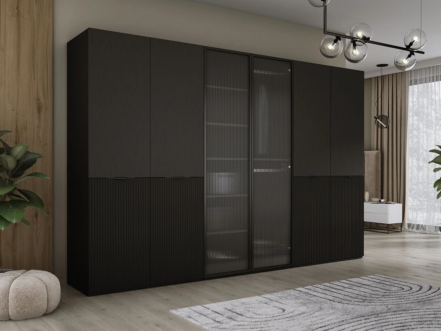 Schrank: Graphitschwarz / Geriffeltes Glas, 300 x 200 x 51 cm
