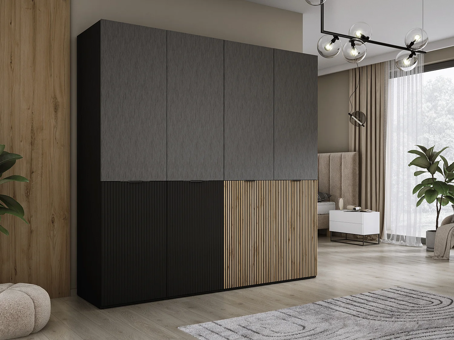 Kleiderschrank: Graphitschwarz / Wotan-Eiche, 200 x 200 x 51 cm