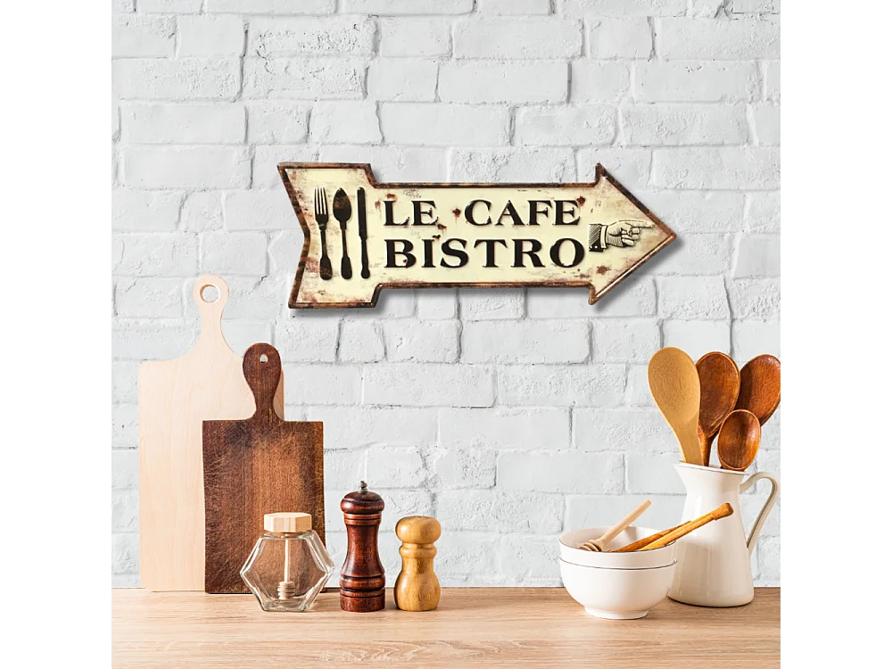 Plaque murale décorative vintage métal blanc café bistro 50x19cm