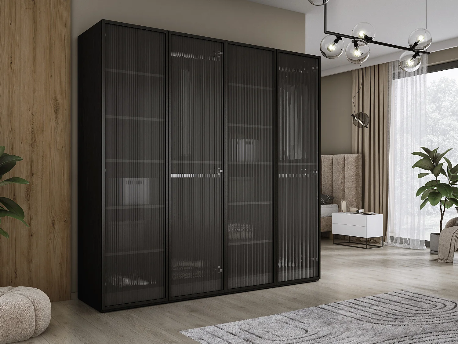 Schrank: Graphitschwarz / Geriffeltes Glas, 200 x 200 x 51 cm