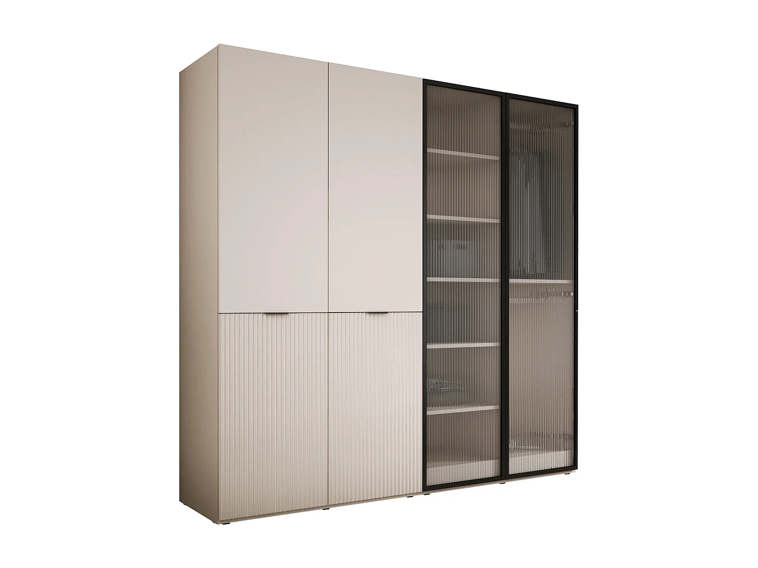Kleiderschrank: Sandbeige / Geriffeltes Glas, 200 x 200 x 51 cm