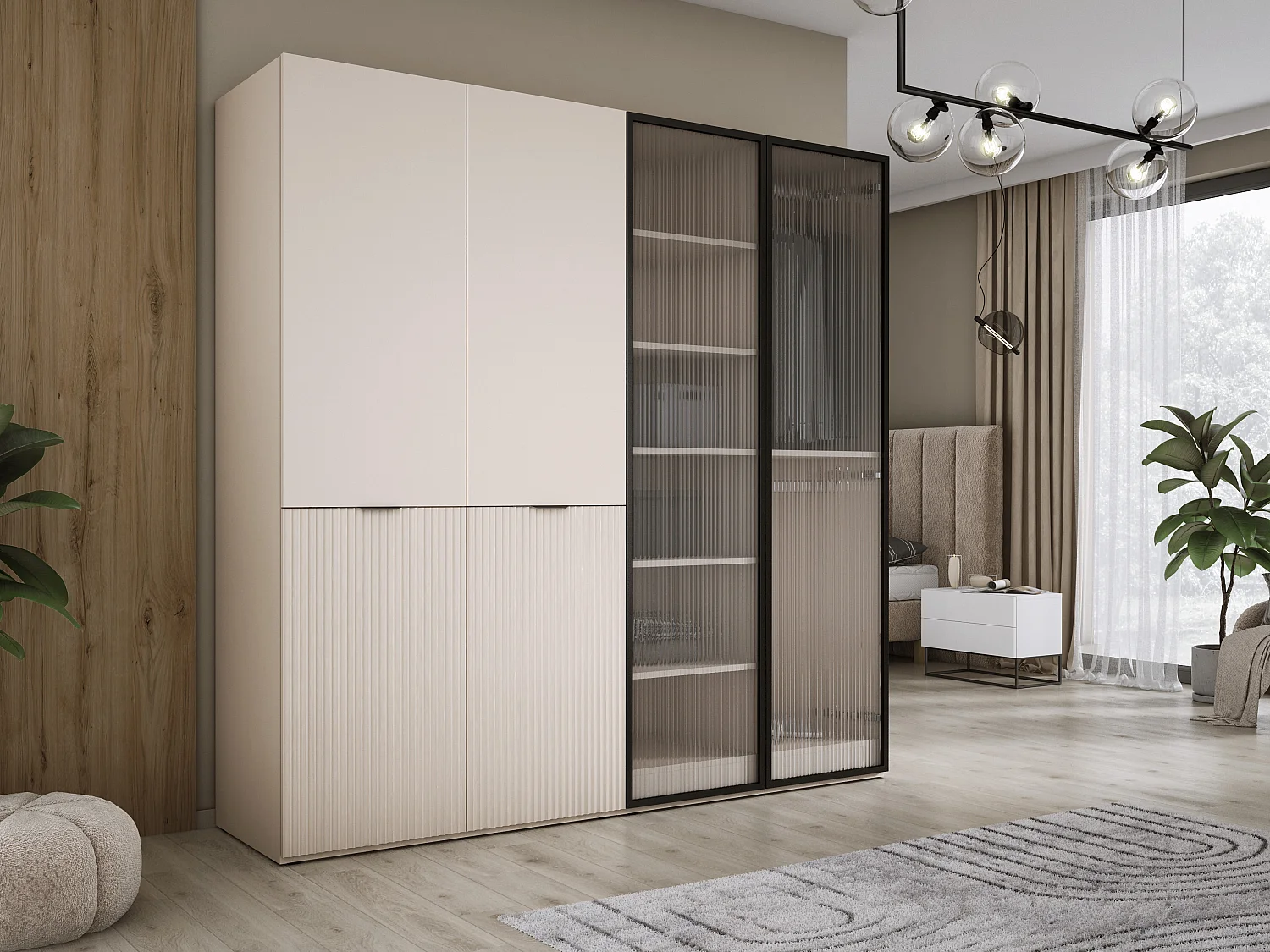 Kleiderschrank: Sandbeige / Geriffeltes Glas, 200 x 200 x 51 cm