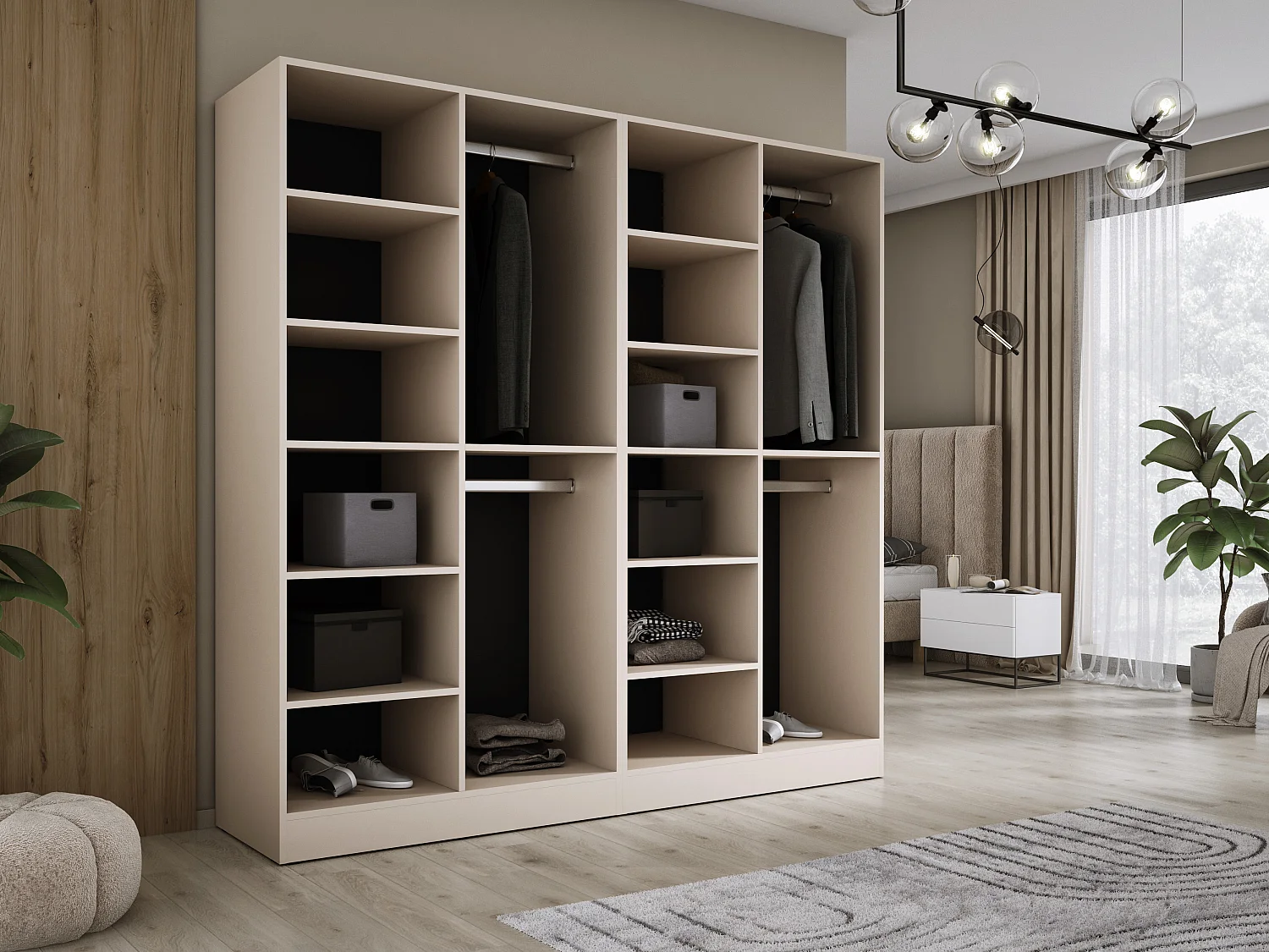 Kleiderschrank: Sandbeige / Geriffeltes Glas, 200 x 200 x 51 cm