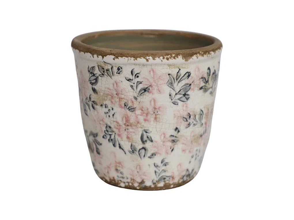 Cache-pot rond "Fleurs bleues et rose" Ø.12.5 x 12 cm