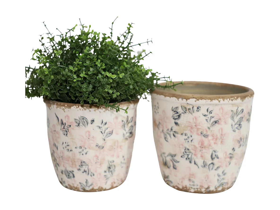 Cache-pot rond "Fleurs bleues et rose" Ø.12.5 x 12 cm