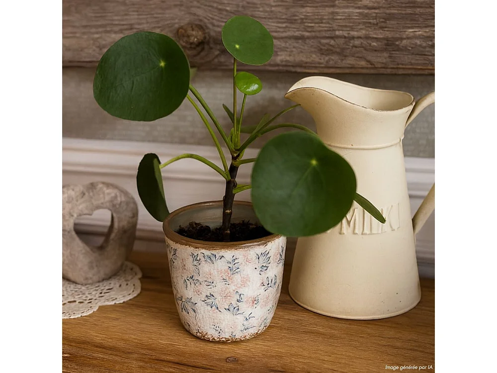 Cache-pot rond "Fleurs bleues et rose" Ø.12.5 x 12 cm