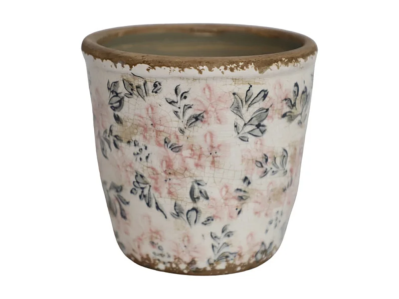 Cache-pot rond "Fleurs bleues et rose" Ø.12.5 x 12 cm