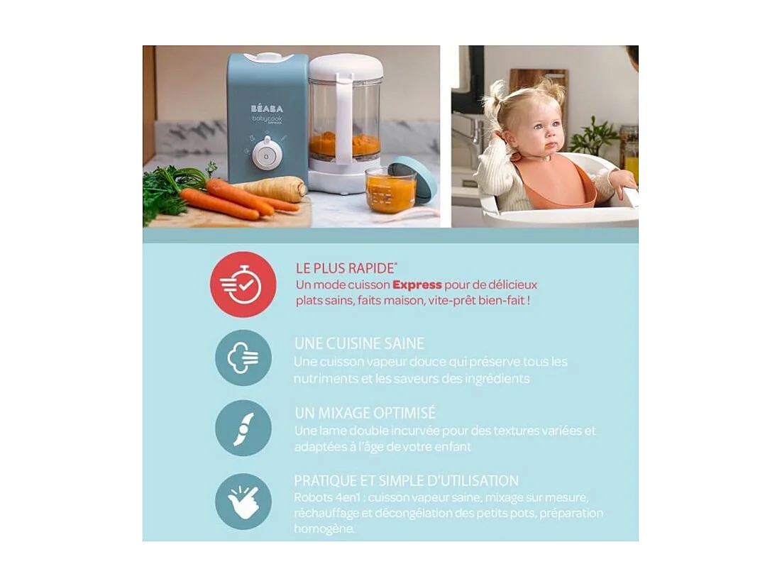 BEABA, Babycook Express, Robot Bébé 4 en 1 Mixeur-Cuiseur, Bleu Baltique