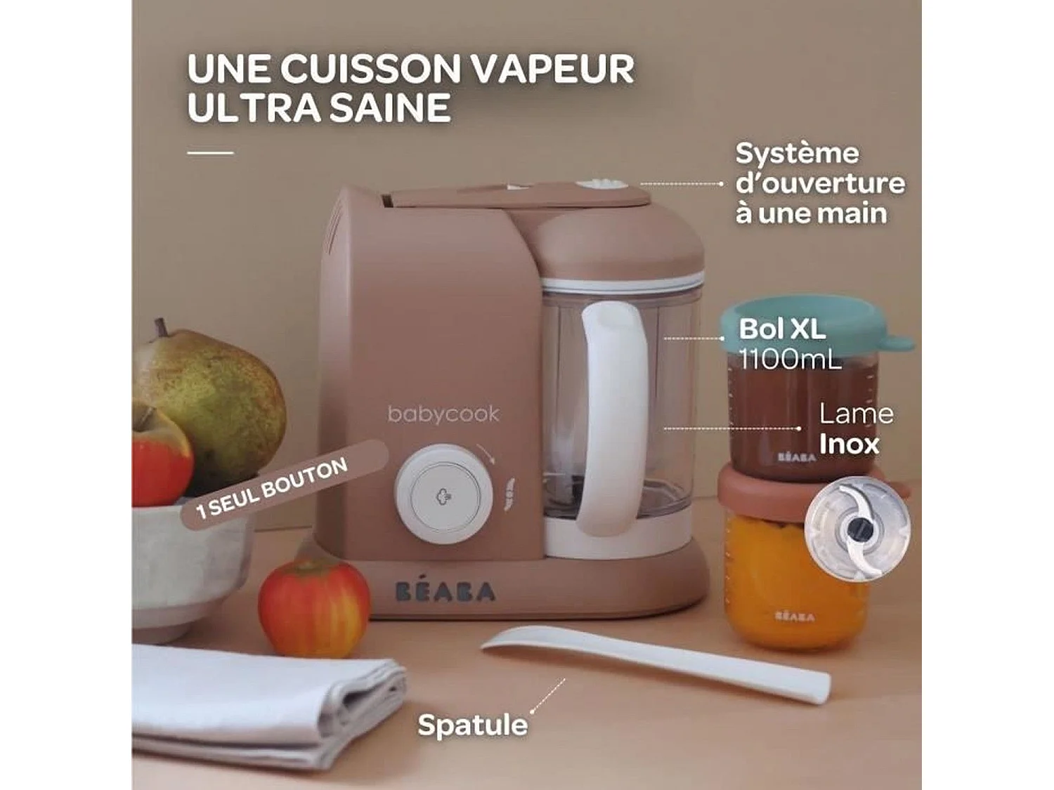 BEABA Babycook Solo Pralin - Robot Bébé 4 en 1, Cuiseur-Mixeur, Vapeur Rapide 15min, Bol XL 1100ml