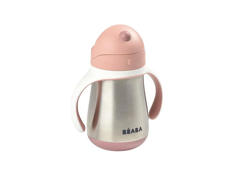 BEABA, Biberon/Tasse dapprentissage /Gourde Bebe 2 en 1 Inox, Tasse Paille Enfant, 100% etanche, Anti-fuite, 250ml, Rose