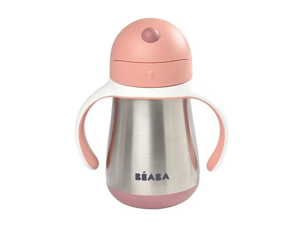 BEABA, Biberon/Tasse dapprentissage /Gourde Bebe 2 en 1 Inox, Tasse Paille Enfant, 100% etanche, Anti-fuite, 250ml, Rose