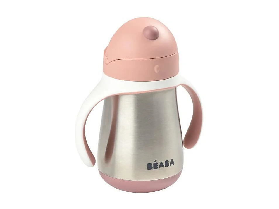 BEABA, Biberon/Tasse dapprentissage /Gourde Bebe 2 en 1 Inox, Tasse Paille Enfant, 100% etanche, Anti-fuite, 250ml, Rose