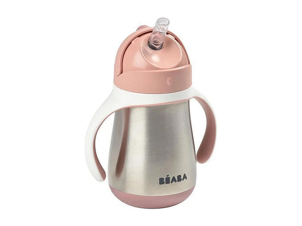 BEABA, Biberon/Tasse dapprentissage /Gourde Bebe 2 en 1 Inox, Tasse Paille Enfant, 100% etanche, Anti-fuite, 250ml, Rose