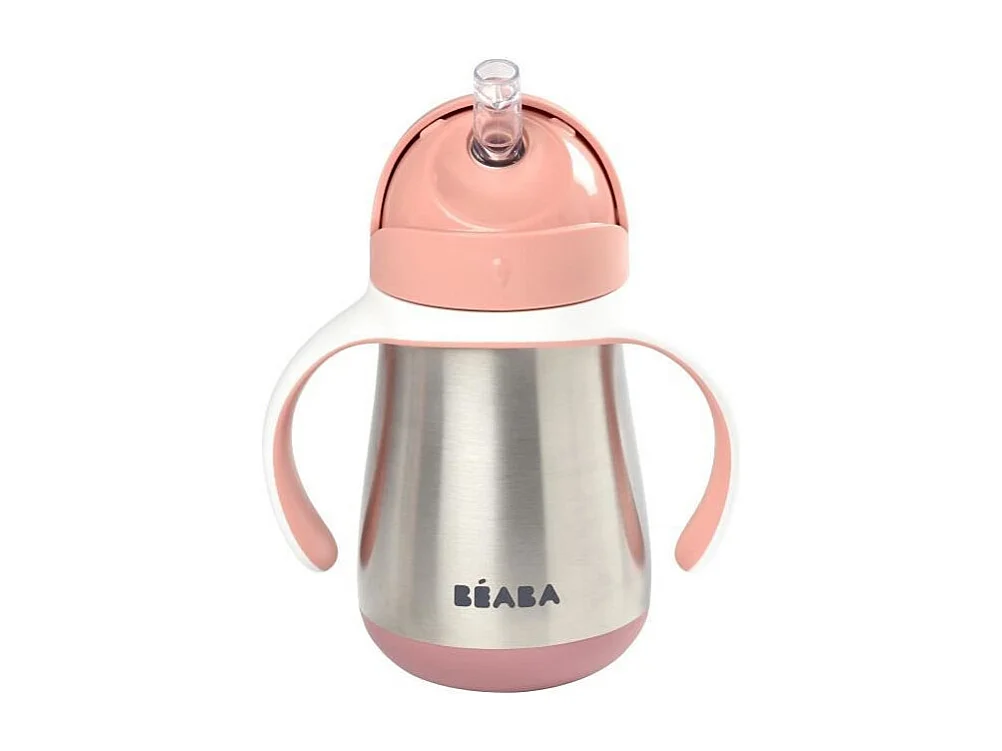 BEABA, Biberon/Tasse dapprentissage /Gourde Bebe 2 en 1 Inox, Tasse Paille Enfant, 100% etanche, Anti-fuite, 250ml, Rose