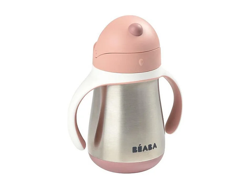 BEABA, Biberon/Tasse dapprentissage /Gourde Bebe 2 en 1 Inox, Tasse Paille Enfant, 100% etanche, Anti-fuite, 250ml, Rose