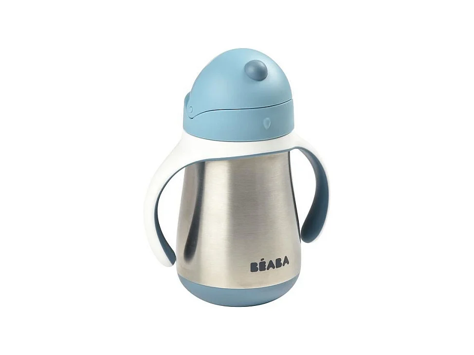 BEABA, Biberon/Tasse dapprentissage /Gourde Bebe 2 en 1 Inox, Tasse Paille Enfant, 100% etanche, Anti-fuite, 250ml, Bleu