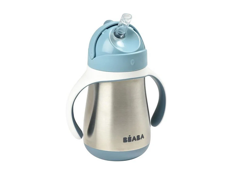 BEABA, Biberon/Tasse dapprentissage /Gourde Bebe 2 en 1 Inox, Tasse Paille Enfant, 100% etanche, Anti-fuite, 250ml, Bleu