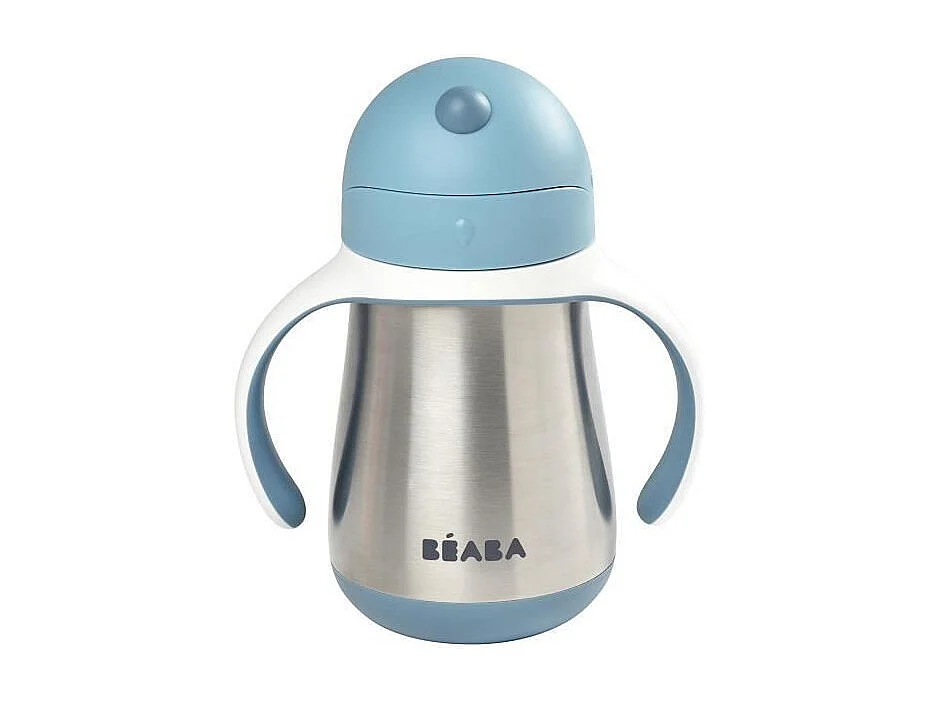 BEABA, Biberon/Tasse dapprentissage /Gourde Bebe 2 en 1 Inox, Tasse Paille Enfant, 100% etanche, Anti-fuite, 250ml, Bleu