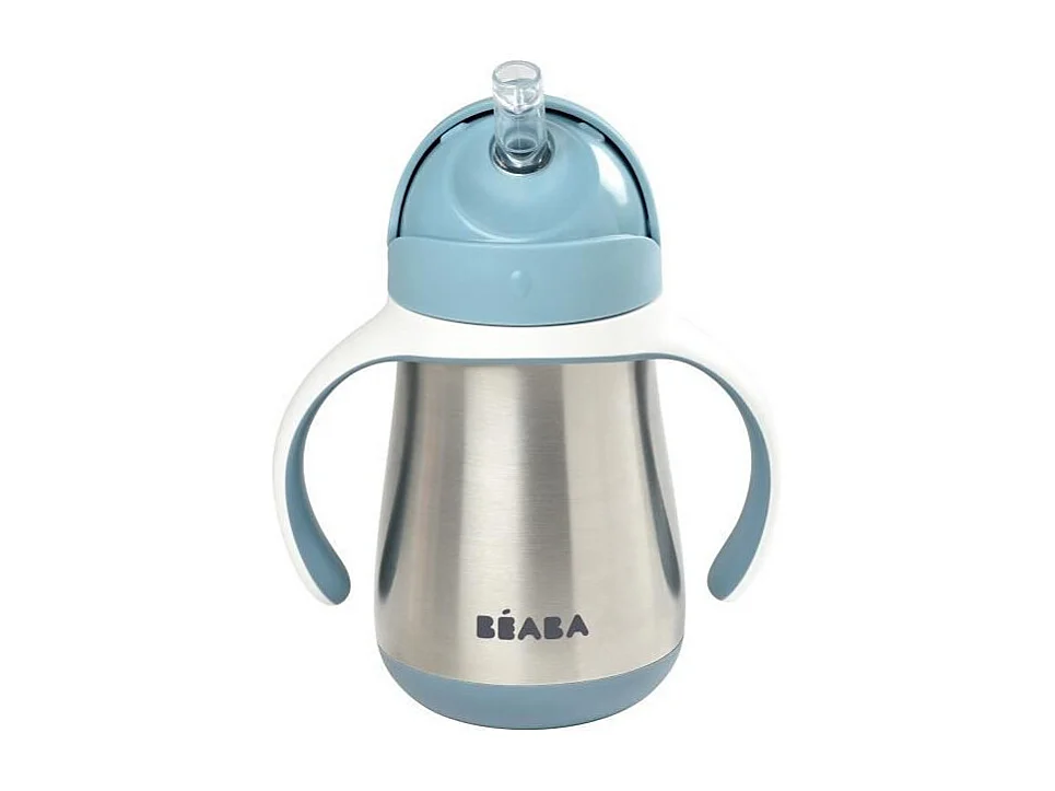 BEABA, Biberon/Tasse dapprentissage /Gourde Bebe 2 en 1 Inox, Tasse Paille Enfant, 100% etanche, Anti-fuite, 250ml, Bleu