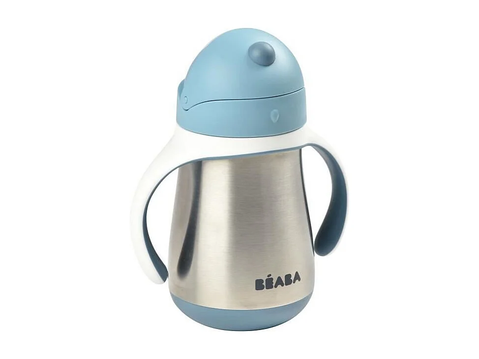 BEABA, Biberon/Tasse dapprentissage /Gourde Bebe 2 en 1 Inox, Tasse Paille Enfant, 100% etanche, Anti-fuite, 250ml, Bleu