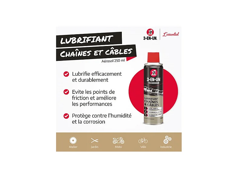 Lubrifiant Chaînes et Câbles 3-en-1 BBE 250ml - 33602/10
